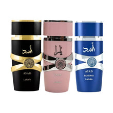 Cargar imagen en el visor de la galería, Kit 3 Perfumes Arabes Asad, Yara, Asad Zanzibar
