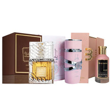 Cargar imagen en el visor de la galería, Kit 3 perfumes Rose, Khamrah Qahwa, Yara 100ml
