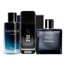 Cargar imagen en el visor de la galería, Kit 3 perfumes Sauvage, 212 Black, Bleu 100ml
