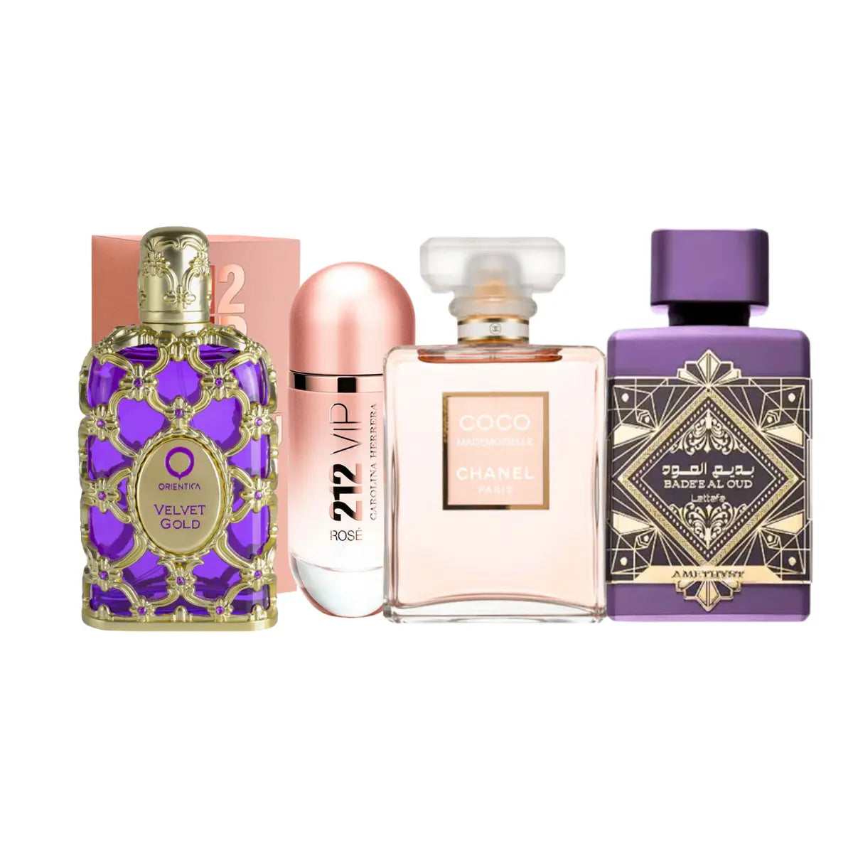 Kit 4 Perfumes Coco Mademoiselle, Velvelt Gold, Amethyste, 212 Vip Rose