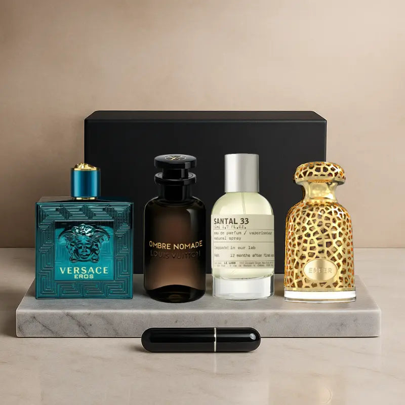 Kit 4 Perfumes Eros, Ombre Nomade, Santal 33, Emeer