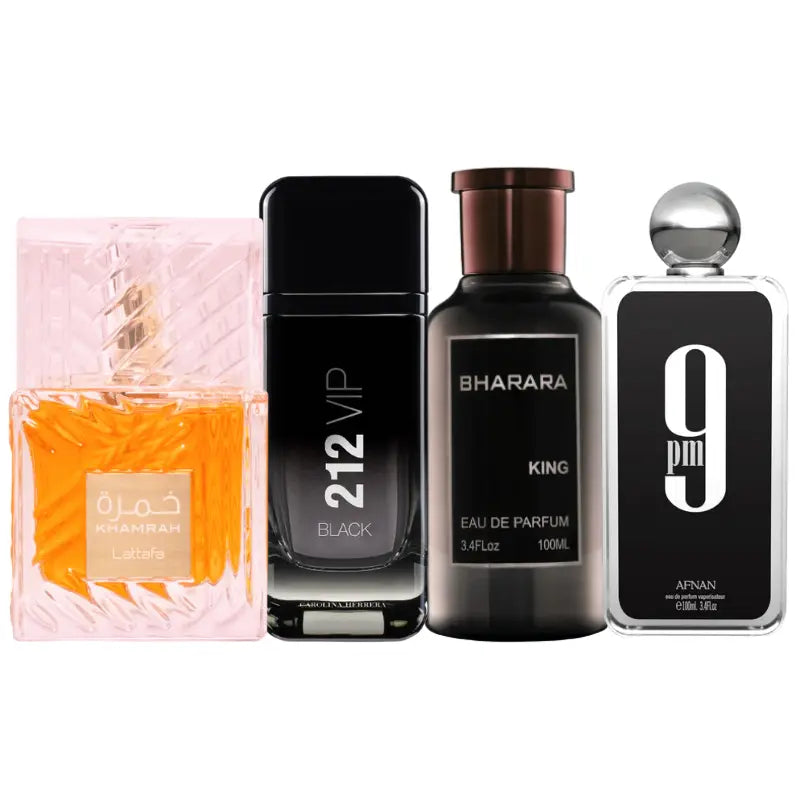 Kit 4 Perfumes 9pm, King, Khamrah, 212 Black Vip